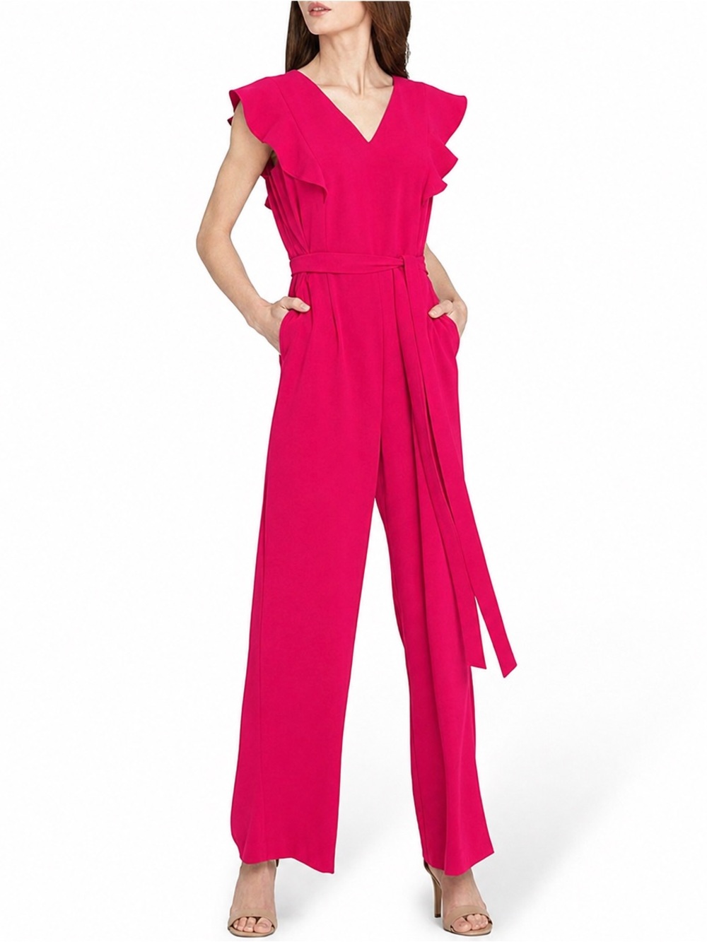Tahari Arthur S. Levine Fuchsia Pink Ruffle Sleeve Belted Jumpsuit Size 6